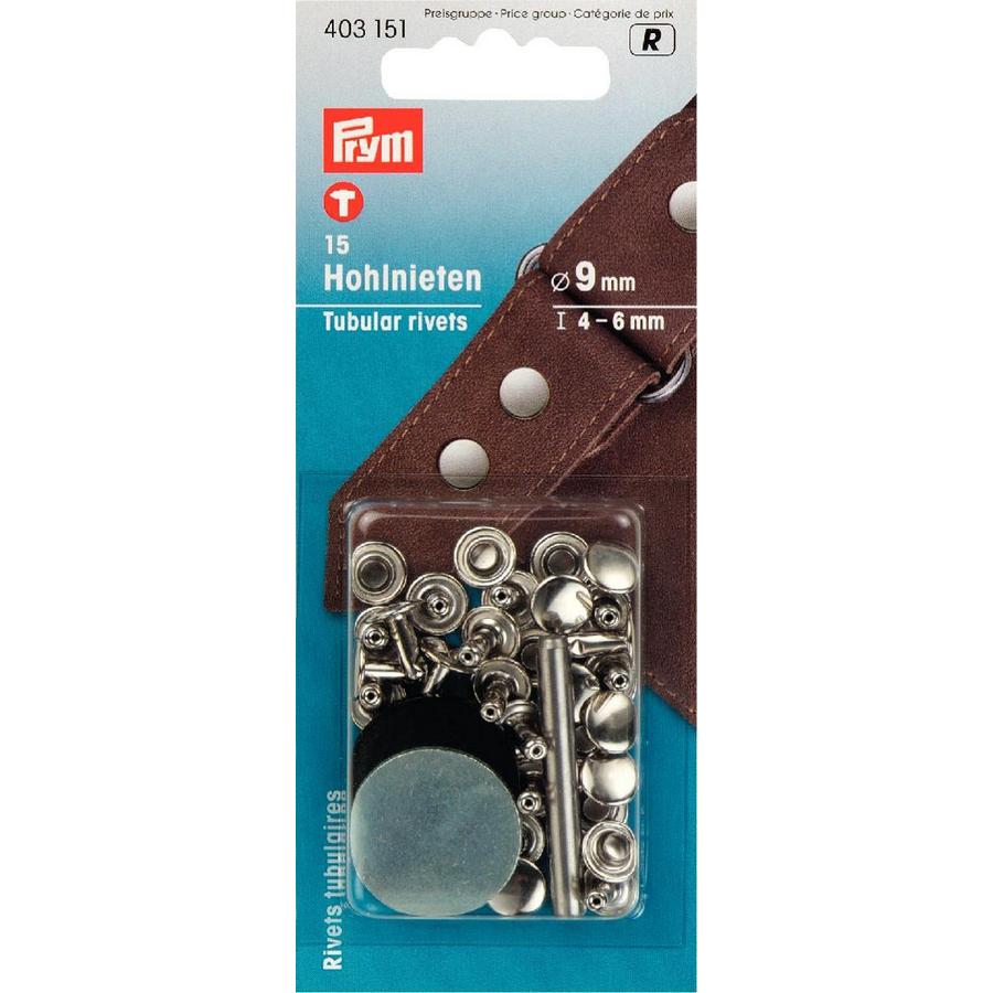 Prym Hohlnieten 9 mm silberfarbig – 15 Stück mit Werkzeug auf weißem Hintergrund